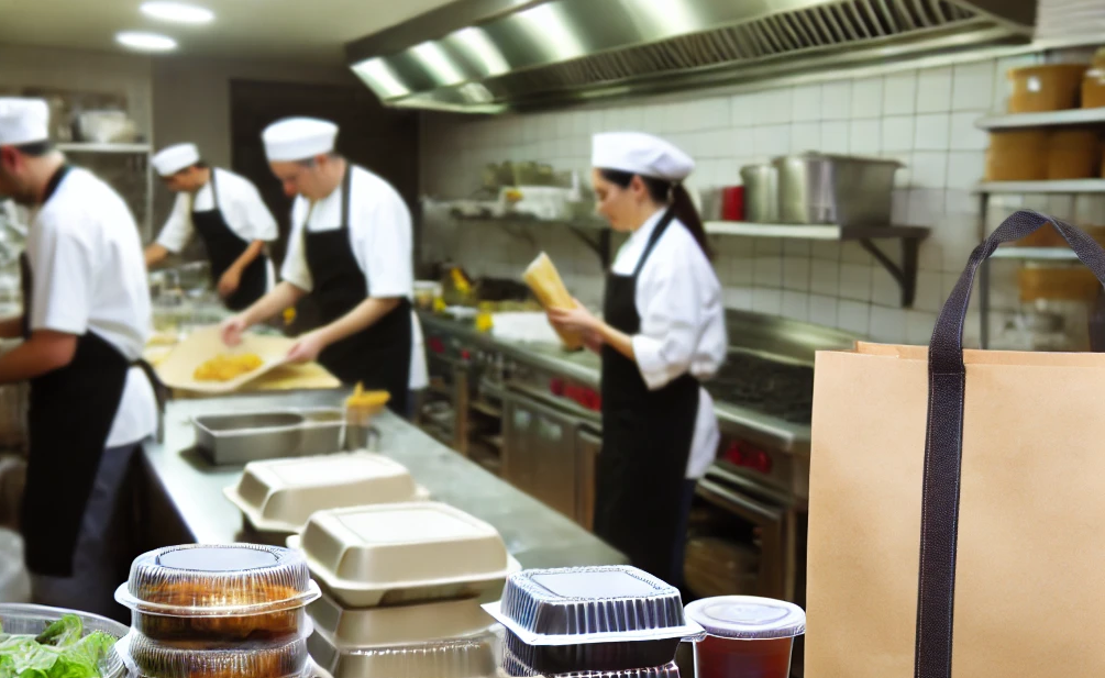 A restaurant kitchen with a chef preparing food